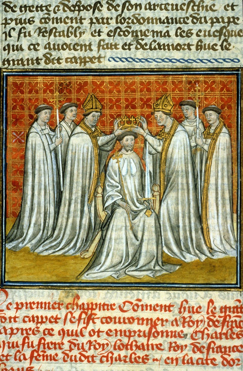 Hugues Capet (987) megkoronázása Adalberon (kb. 925-990), reimsi érsek által – Kézirat megvilágítása a középkori „Saint-Denis nagy krónikái” 14. század végi velinjén (ref.512) alkotó: Unknown artist
