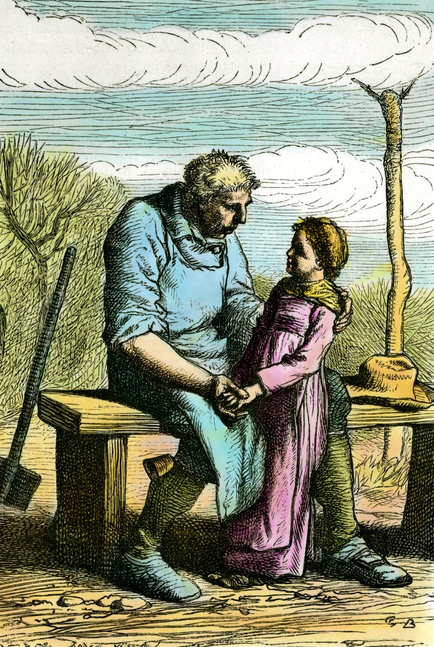 Cosette és Jean Valjean. Illusztráció Victor Hugo (1802-1885) „Les miserables” című regényéhez. Metszet 1865-ből Magángyűjtemény alkotó: Unknown artist