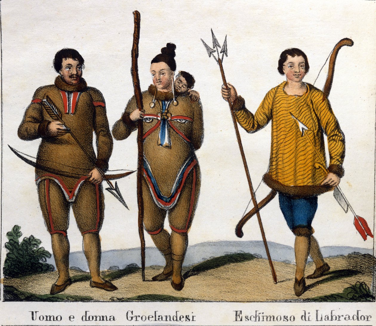 Kosztüm. Balra: Grönlandi eszkimópárok gyermekükkel. Jobbra: labrador eszkimó. század eleji litográfia alkotó: Unknown artist