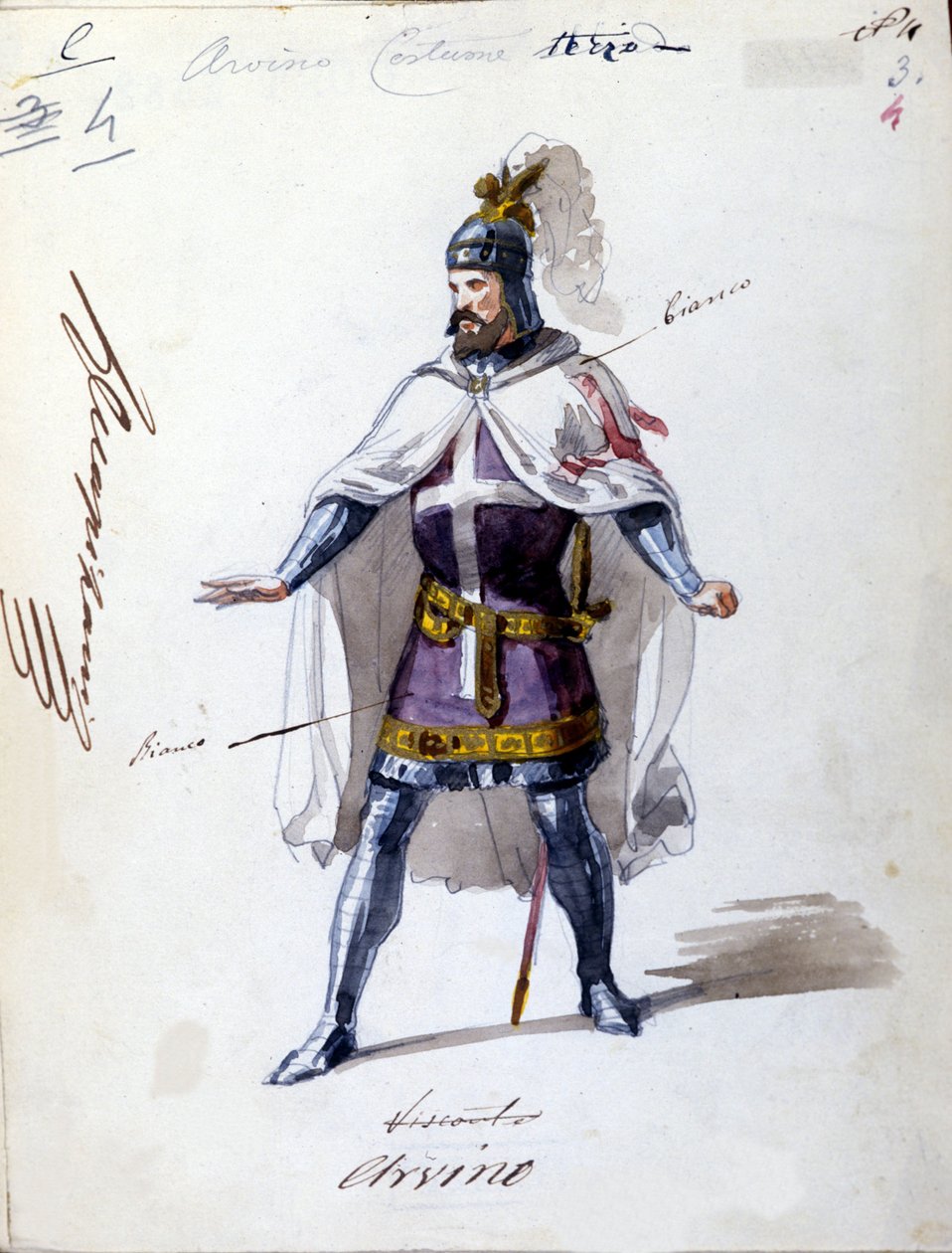 Giuseppe Verdi (1813 - 1901) 1843-ban komponált „I Lombardi” vagy „Les Lombards à la première Crusade” opera jelmeze. Névtelen akvarell rajz. Alvino karakter a milánói Scalában való előadáshoz. alkotó: Unknown artist