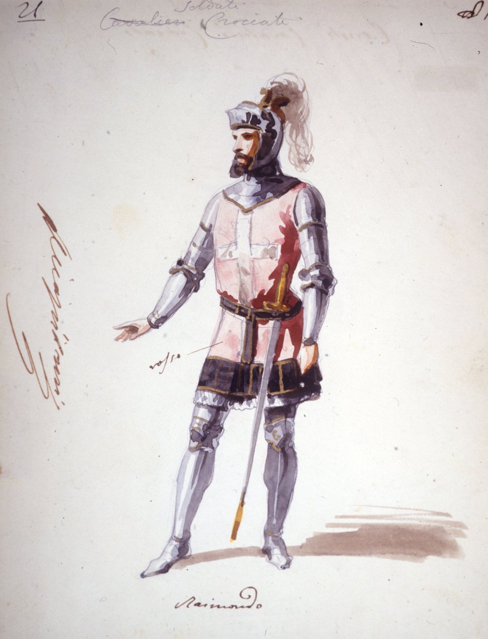 Giuseppe Verdi (1813 - 1901) 1843-ban komponált „I Lombardi” vagy „Les Lombards à la première Crusade” opera jelmeze. Névtelen akvarell rajz. Raimondo karaktere a milánói Scalában tartott előadáshoz. alkotó: Unknown artist