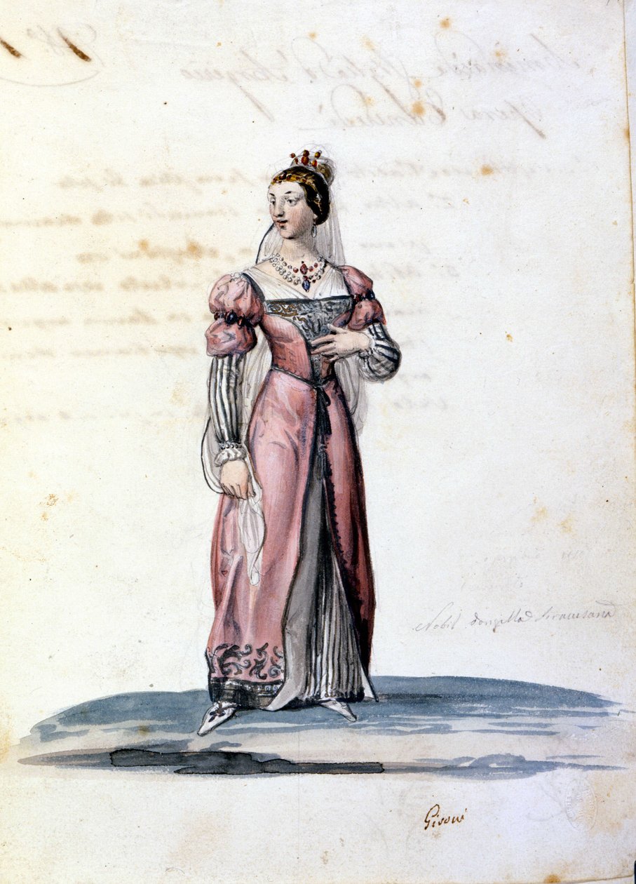 A szirakúzai nemesség fiatal hölgyének jelmeze Gironi rajzai Gioacchino Rossini „Tancredi” (Tancrede) című operájához. 1813 alkotó: Unknown artist