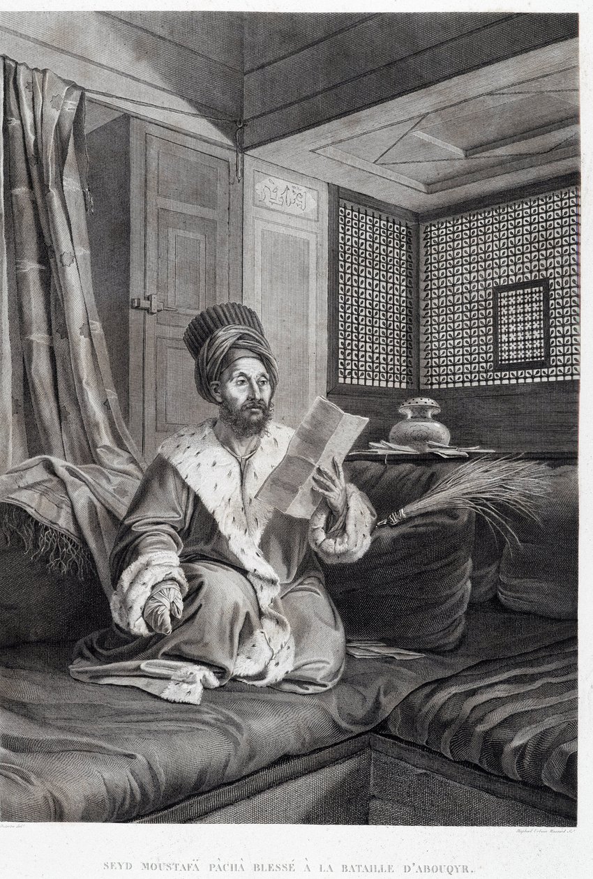 Jelmezek és portrék: Seyd Moustafa Pasha megsebesült az abouqyri (Aboukir) csatában a „” Egyiptom leírása” című kiadványban, Imperial Publishing alkotó: Unknown artist
