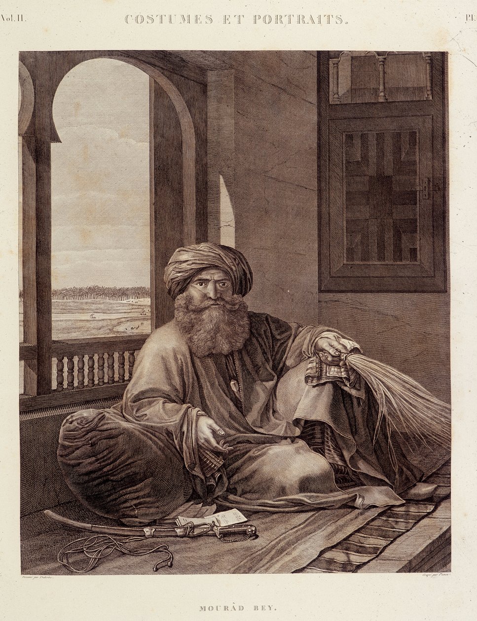 Jelmezek és portrék: Mourad Bey (1750-1801) Mameluk főnök (Murad Bey Egyptian Mamluk chieftain (bey)) az „Egyiptom leírása” című kiadványban, Editions imperiales alkotó: Unknown artist