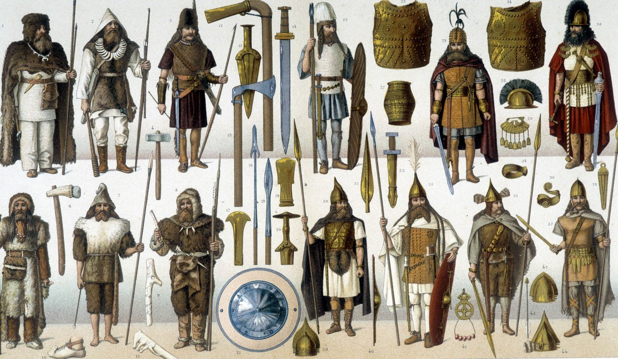 Barbár harcosok jelmezei, páncéljai és fegyverei alkotó: Unknown artist