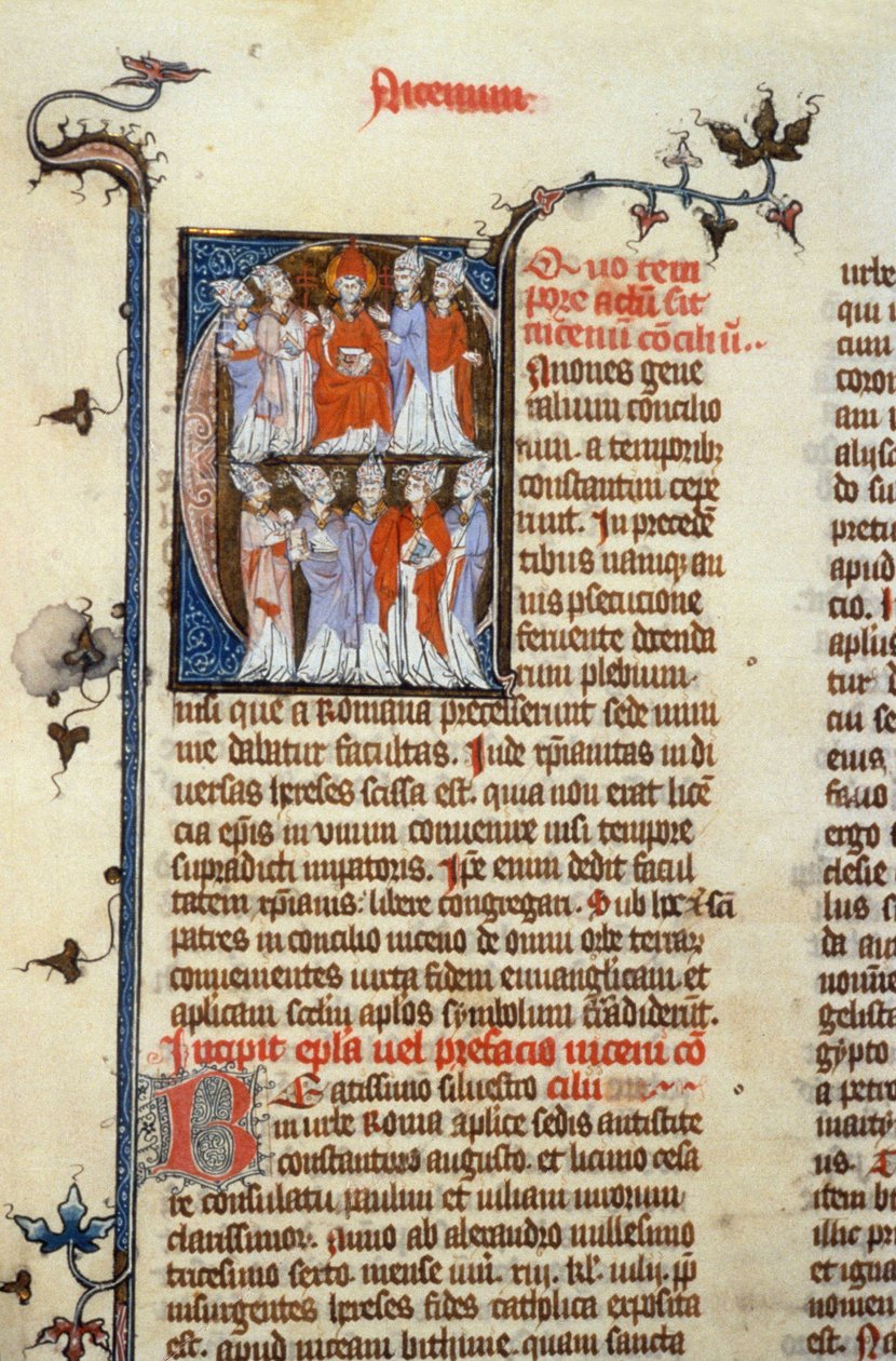 Nikai zsinat - kéziratos megvilágítás (az első ökumenikus zsinatok ókori latin fordítása, amelyet Izidornak tulajdonítottak), középkor (ref. 365, 351r). B. Mr. Toulouse. Engedélyezési kérelem a Toulouse Városi Könyvtárhoz (tel: 05 62 27 66). alkotó: Unknown artist