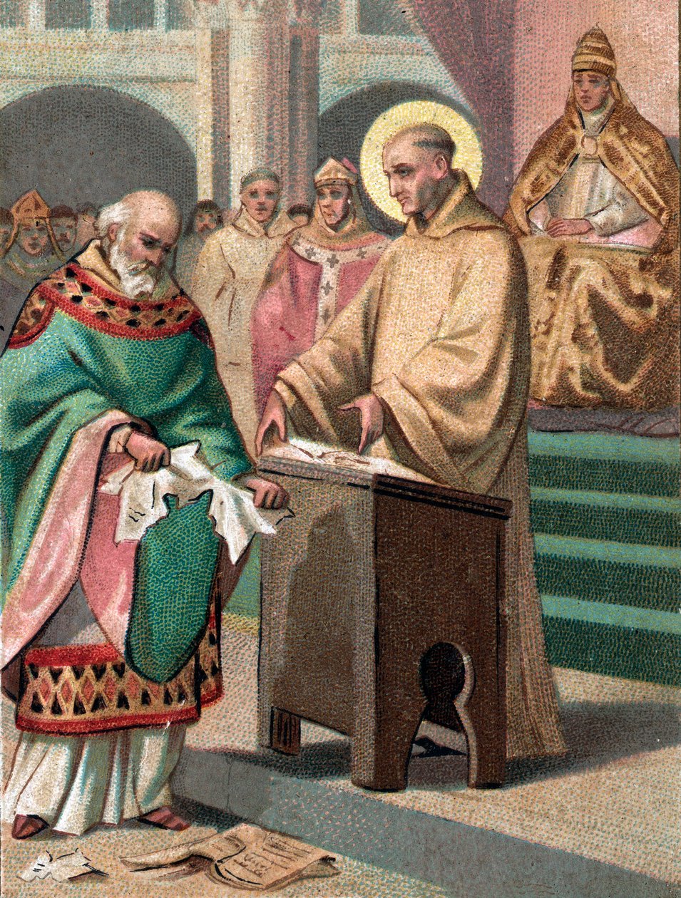 Reimsi zsinat 1148-ban: Clairvaux-i Szent Bernát (1090-1153) (San Bernardo di Chiaravalle) eretnekséggel vádolta meg Gilbert de la Porree-t, Poitiers eveque-jét - A 19. század végének kromolitográfiája alkotó: Unknown artist