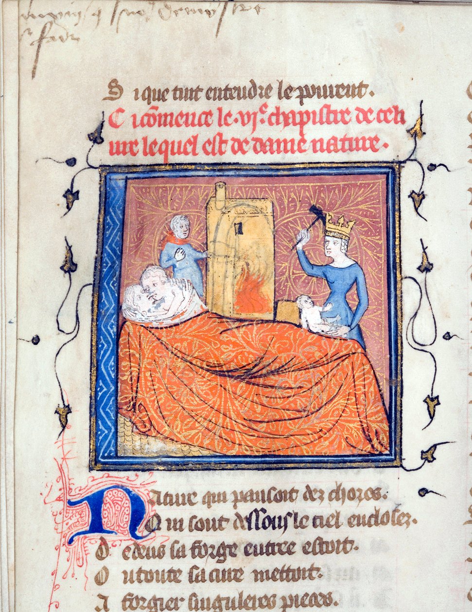 ""Az ágyban ölelkező pár, a királynő megöl egy csecsemőt, egy másik szereplő pedig felgyújt egy házat"" Megvilágított oldal Guillaume de Lorris (kb. 1200-1238) és Jean de "Le Roman de la Rose"" kéziratából Meun (Meung) (1240-1305) 1365 körül Egyetem alkotó: Unknown artist