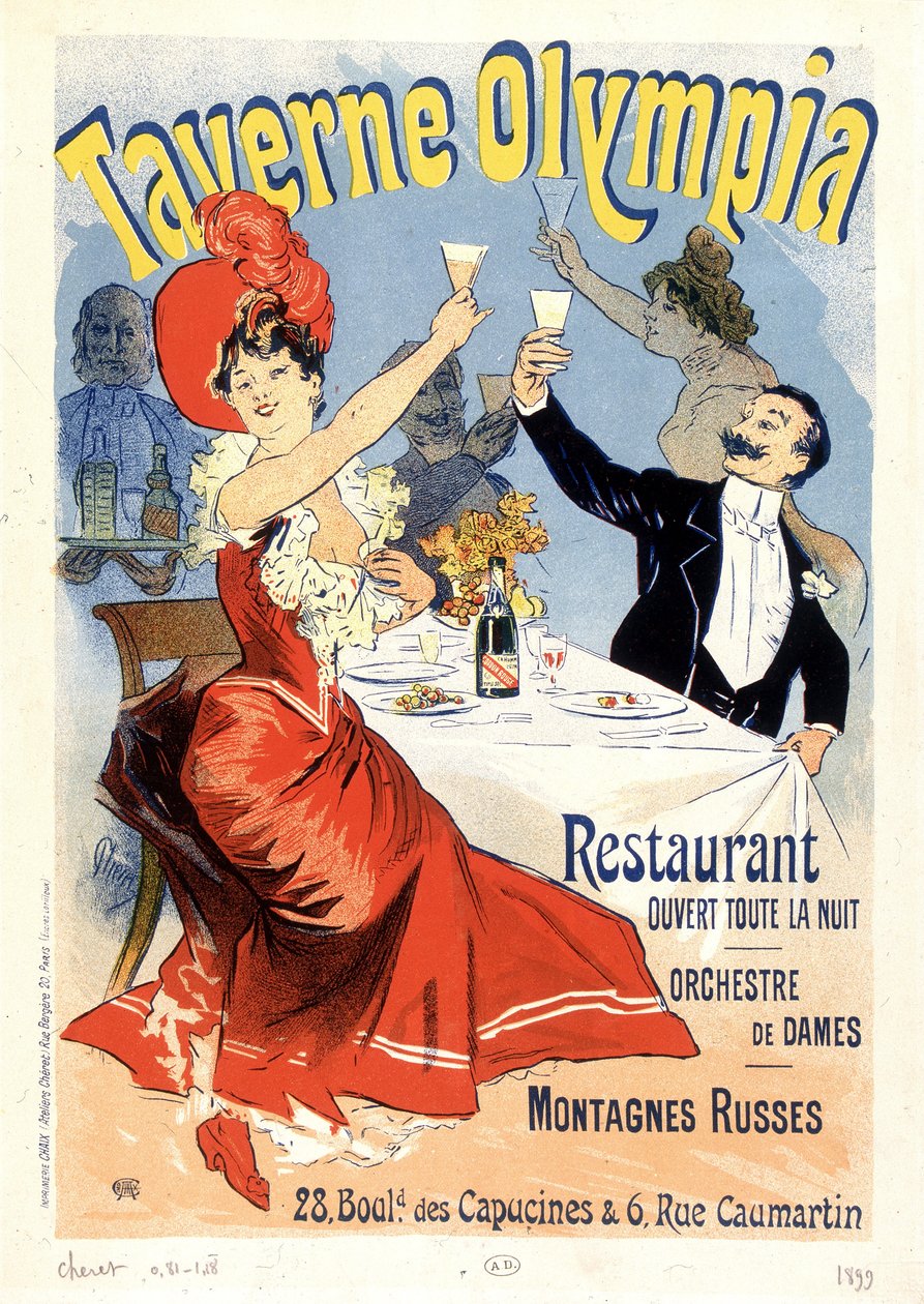Páros koccintás pezsgővel – A Tavern Olympia reklámplakátja, Jules Cheret, 19. század vége alkotó: Unknown artist