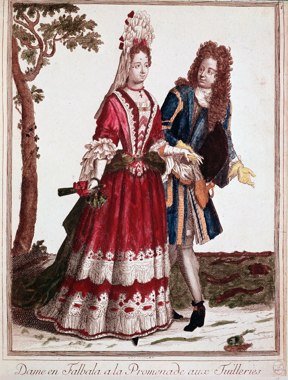 Pár sétál a Tuileriák kertjében, Párizsban (metszet alkotó: Unknown artist