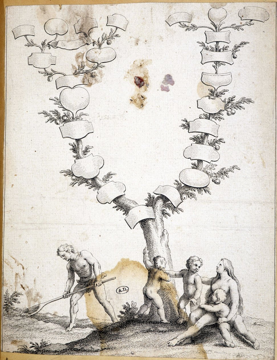 Pár gyerekekkel egy szűz családfa tövében - metszet alkotó: Unknown artist