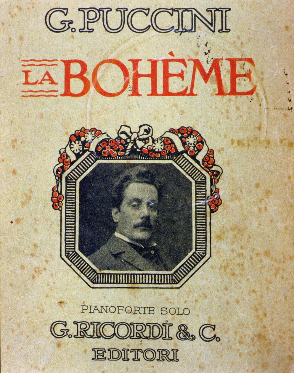 Puccini (1858-1924) „” La Bohème” című partitúrájának borítója az ő portréjával. alkotó: Unknown artist