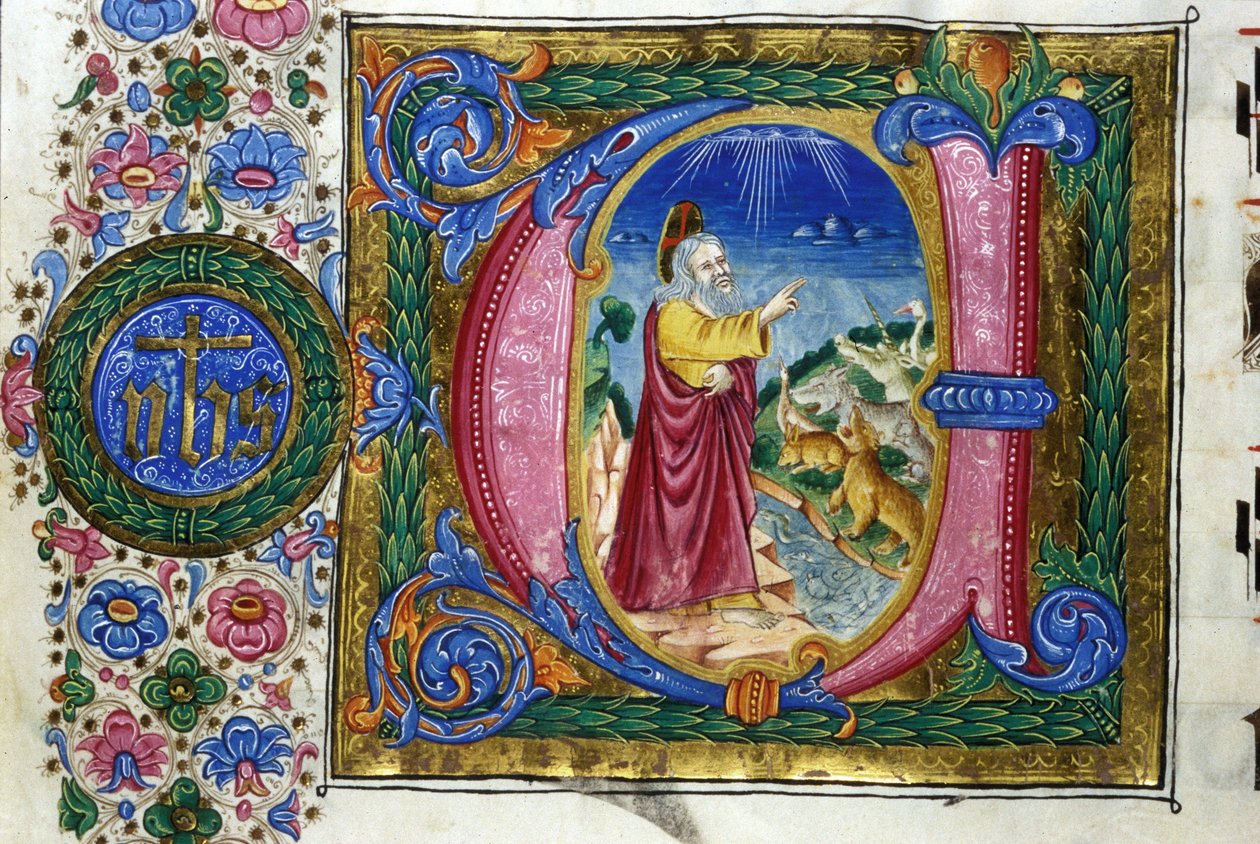 Teremtés: Isten a Föld teremtményei előtt. 15. századi kézirat. Bibl. Nazionale Braidense, Milánó. alkotó: Unknown artist
