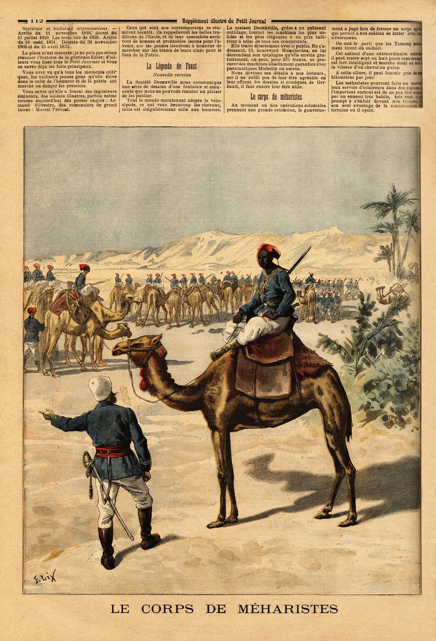Speciális meharisták hadtest létrehozása Szudán francia meghódítására, a tuaregek elleni harc érdekében. Meharis egy hetet tud evés nélkül maradni, vágtató ló sebességével ügeti, naponta több mint 100 kilométert utazik, és alkotó: Unknown artist