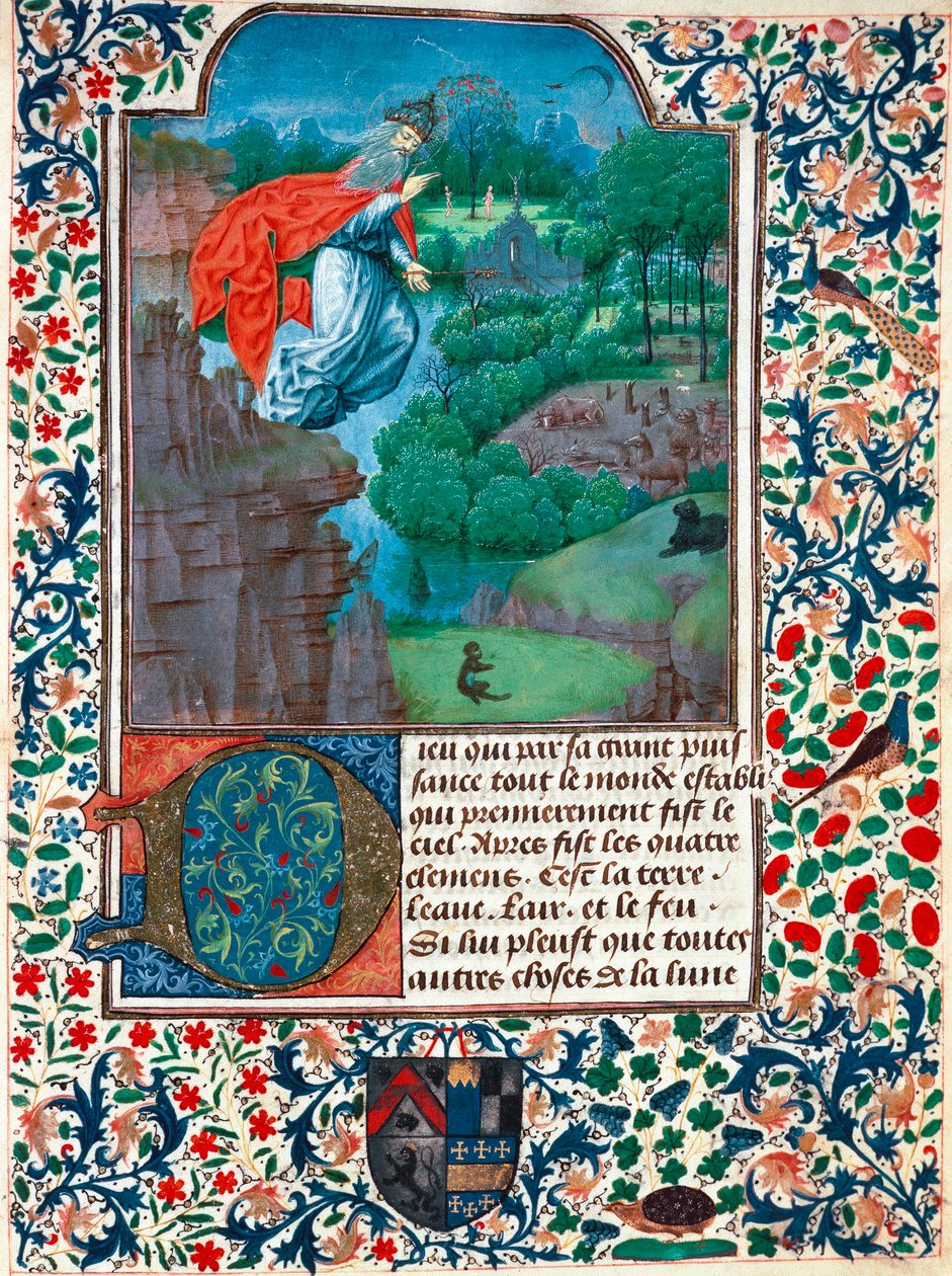 Teremtés, hetedik nap: a Teremtő elrepül munkája felett. Táj állatokkal. Miniatűr Bretiandos grófné Órakönyvéből alkotó: Unknown artist