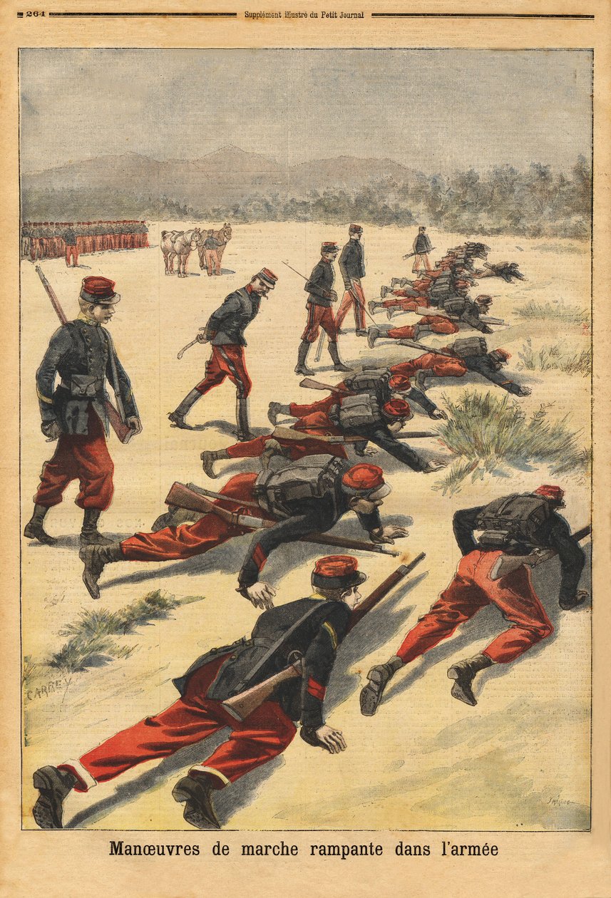 Kúszó manőverek a seregben, kísérletezés új tampon karkötőkkel, amelyek védik a tenyeret. Metszet a „” Le petit journal”-ban 1896.08.16. Selva gyűjteménye. alkotó: Unknown artist