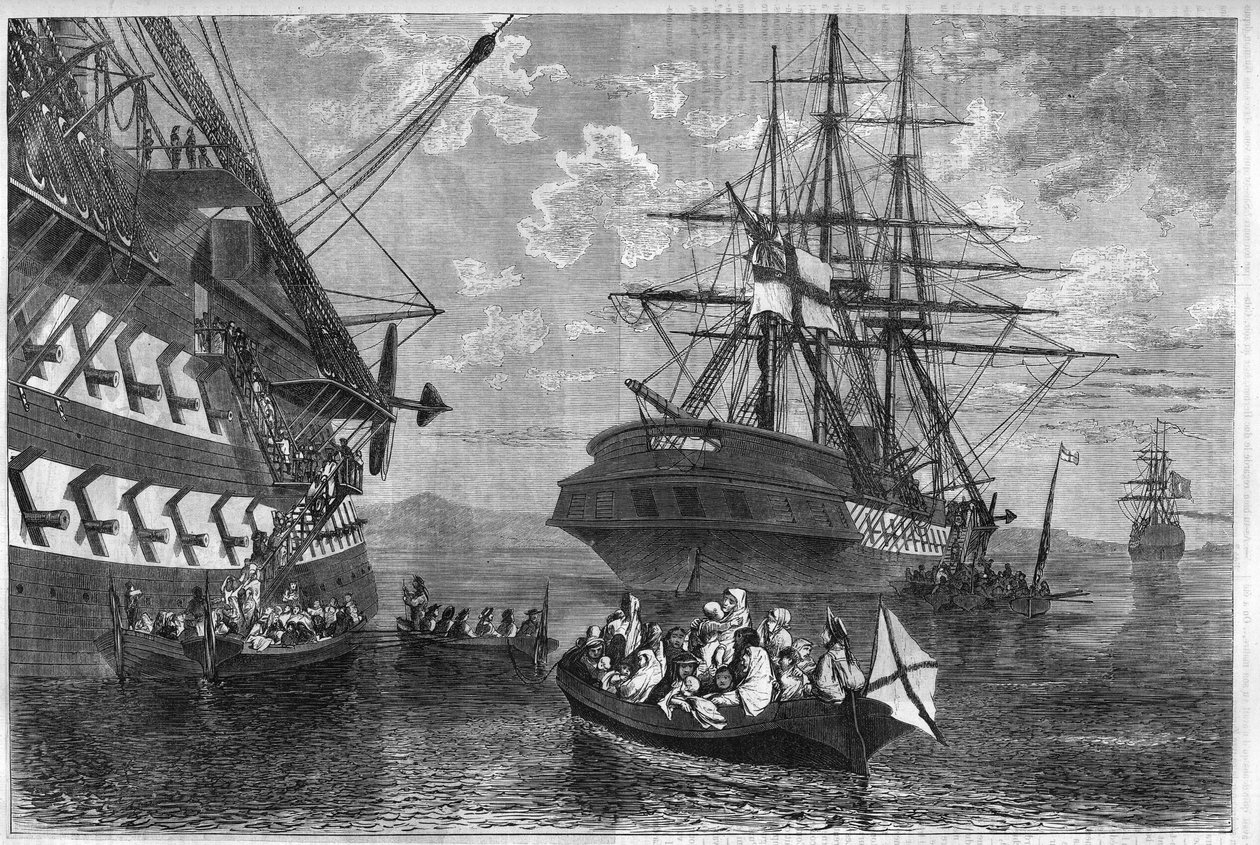 1866-1869-es krétai lázadás (Kréta szigetének felkelése az Oszmán Birodalom ellen): krétai családok semleges hatalmak hajóin kértek menedéket. Metszet „” L