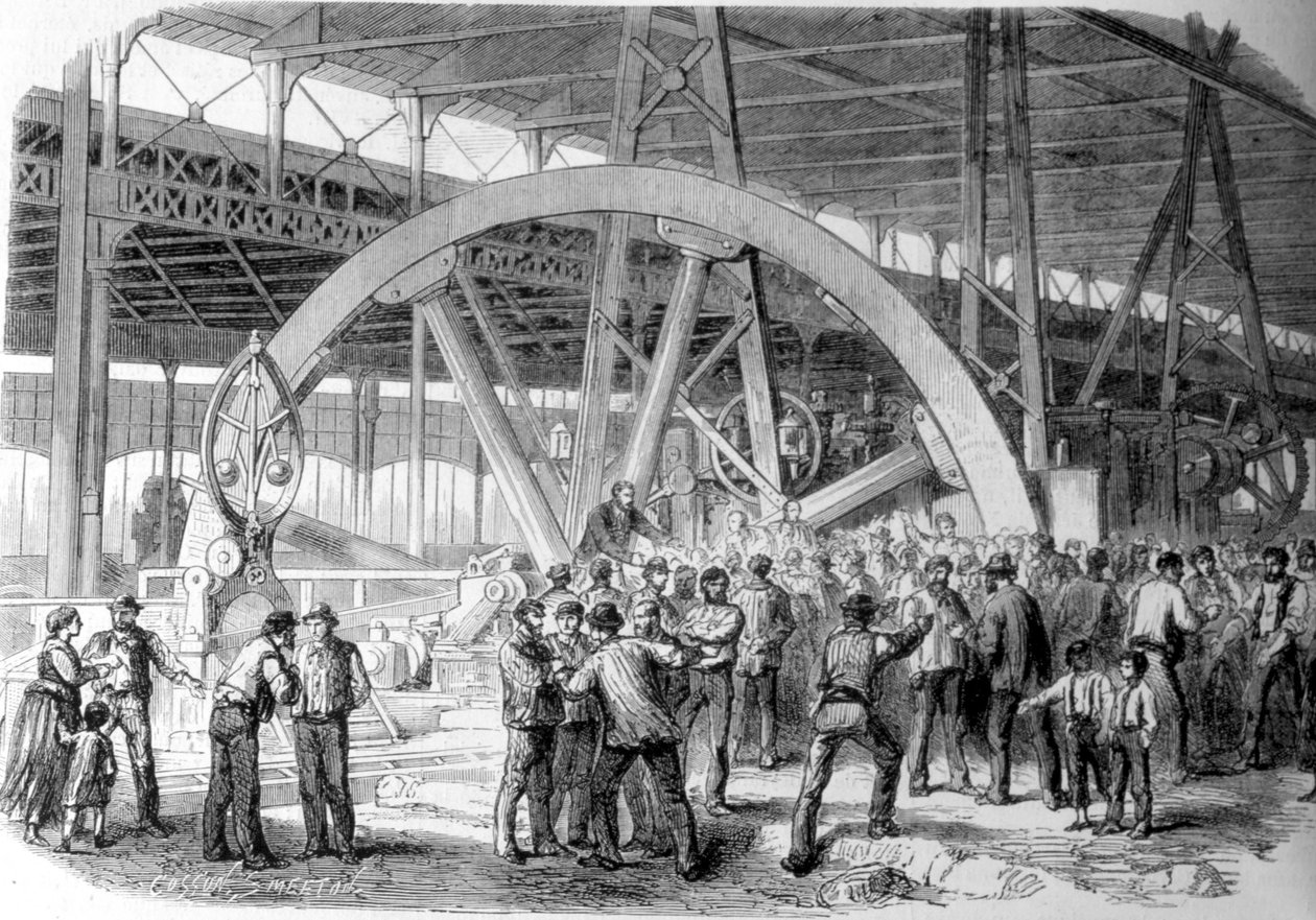 Creusot sztrájk. A munkások egyeztetése a műhelyekben, fizetéskor. 19. század. alkotó: Unknown artist