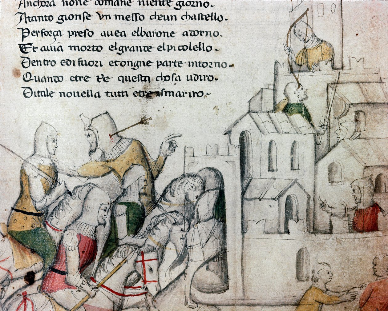 Mór erődöt támadó átkelők Illusztráció a „Febusso e Breusso” toszkán vershez Kézirat MS.B.R.45. 15. századi Firenze, Nazionale Biblioteca alkotó: Unknown artist