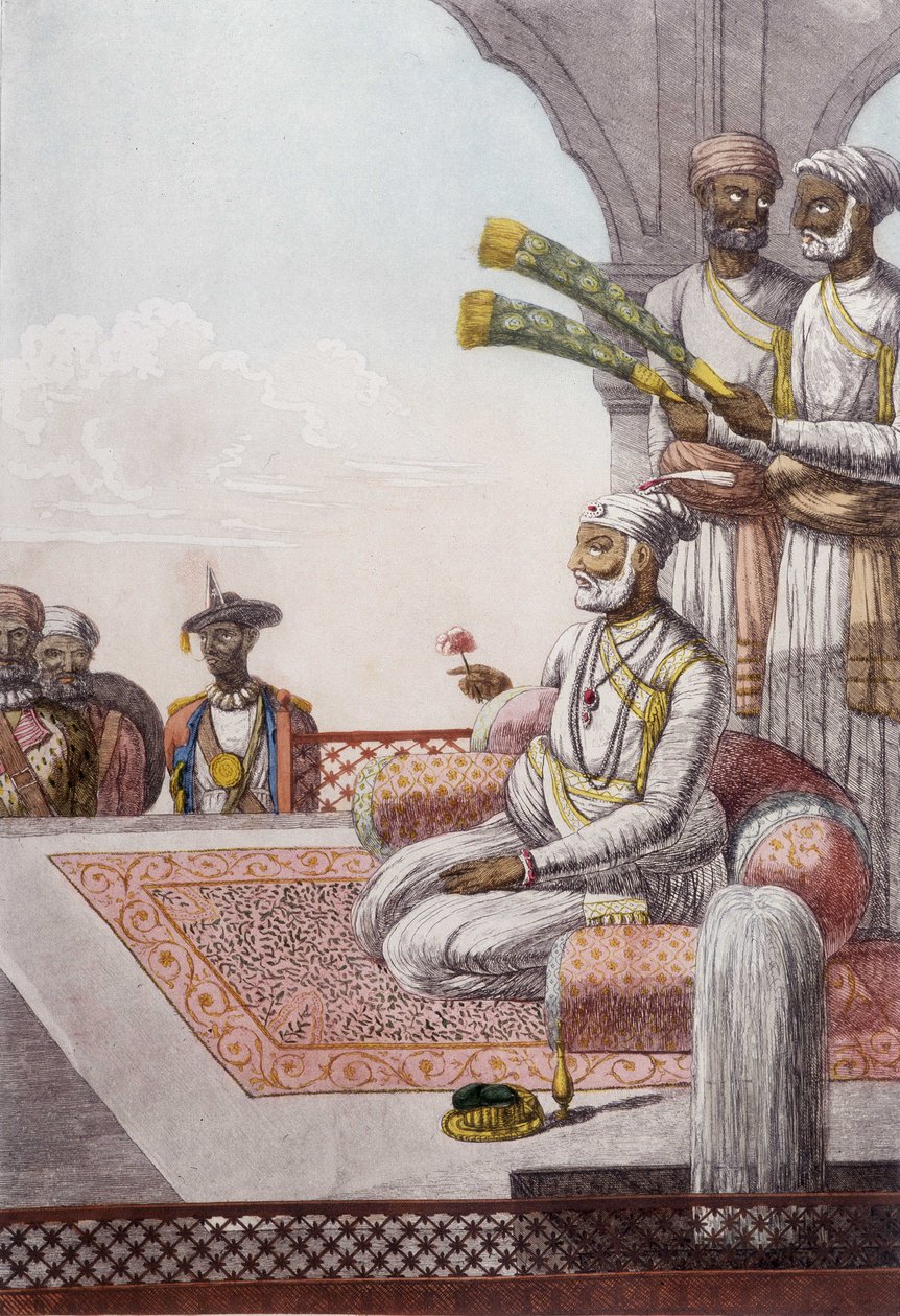 Kultúra, civilizáció és indiai társadalom: A brahmanok Radjah (Rajah) szuverénjének portréja, India. Metszet 1808-ból. alkotó: Unknown artist