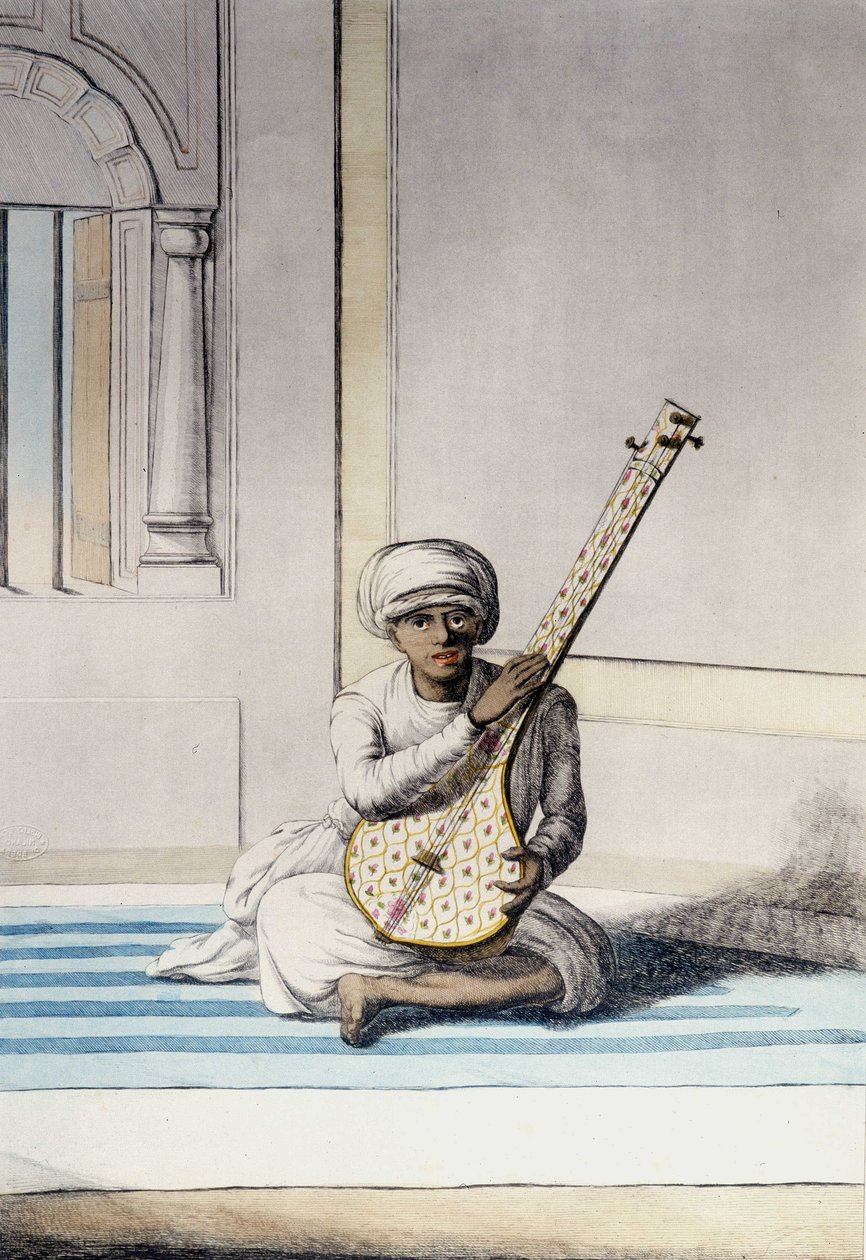 Kultúra, civilizáció és indiai társadalom: zenész, aki a Thambourah-t (tamboura) játszik, India hagyományos hangszerén. Metszet 1808. alkotó: Unknown artist