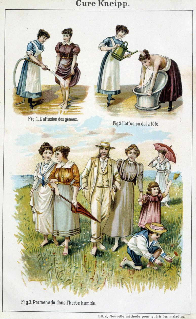 Kneipp kúra: térdek, fejfájás, séta a nedves fűben - „Bilz, Természetes Gyógyszer”-ben, 19. század vége alkotó: Unknown artist