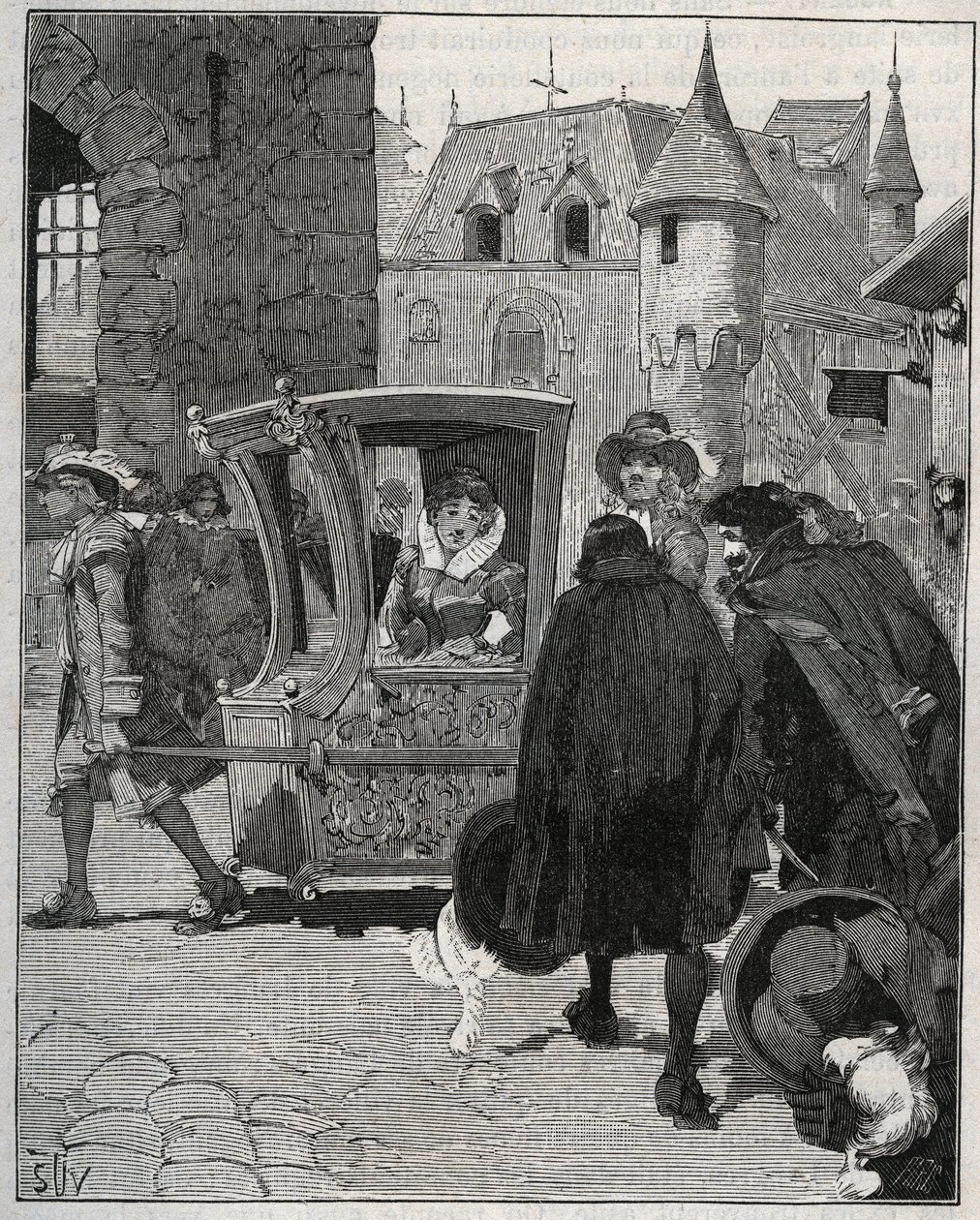 Evőeszközök: csónakosok veszik körül Marie de Rabutin-Chantal (Rabutin Chantal), de Sevigne dit Madame de Sevigne (1626-1696) székét, hogy késeket adjanak el neki, amikor 1675-ben megérkezett Nogentbe (Haute Marne). Metszet 1885-ből „” Les arts et metiers  alkotó: Unknown artist