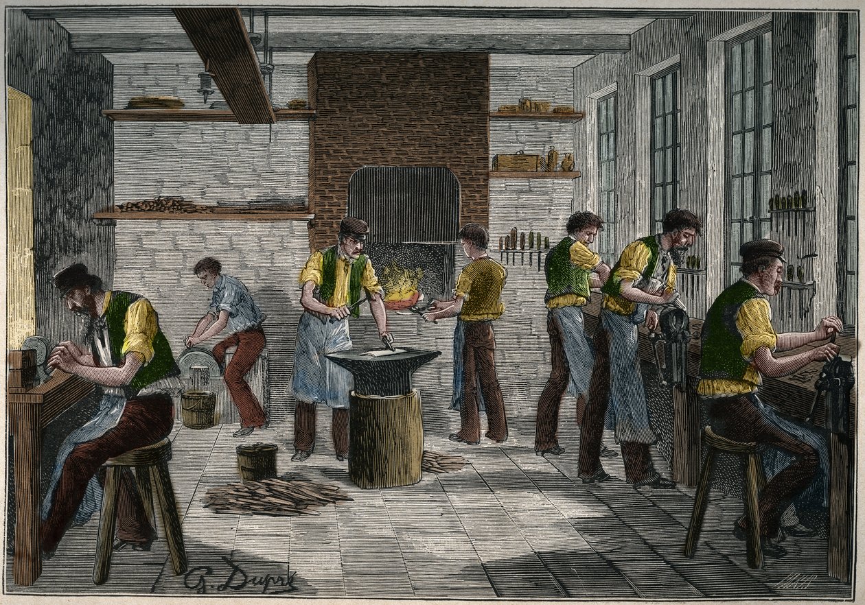 Evőeszköz műhely Franciaországban a XIX. Metszet 1885-ből Adolphe BITARD „Les arts et metiers illustres” című könyvében. alkotó: Unknown artist