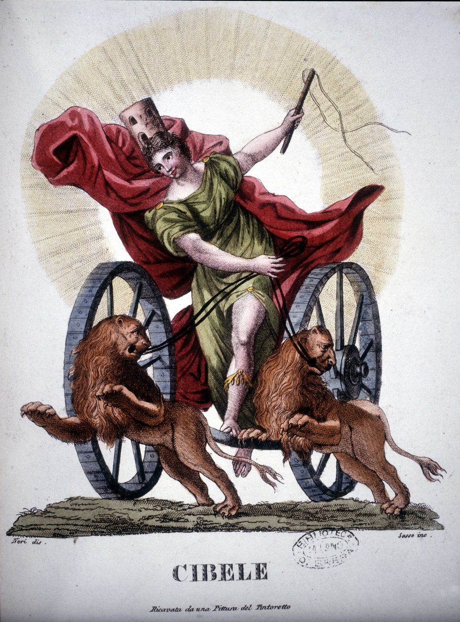 Cybele, a természet szaporodó erejét megtestesítő istenség - a „Dizionario mitologico”-ban, a 19. századi metszet Tintoretto festménye nyomán, Bibl. di Brera, Milánó. alkotó: Unknown artist