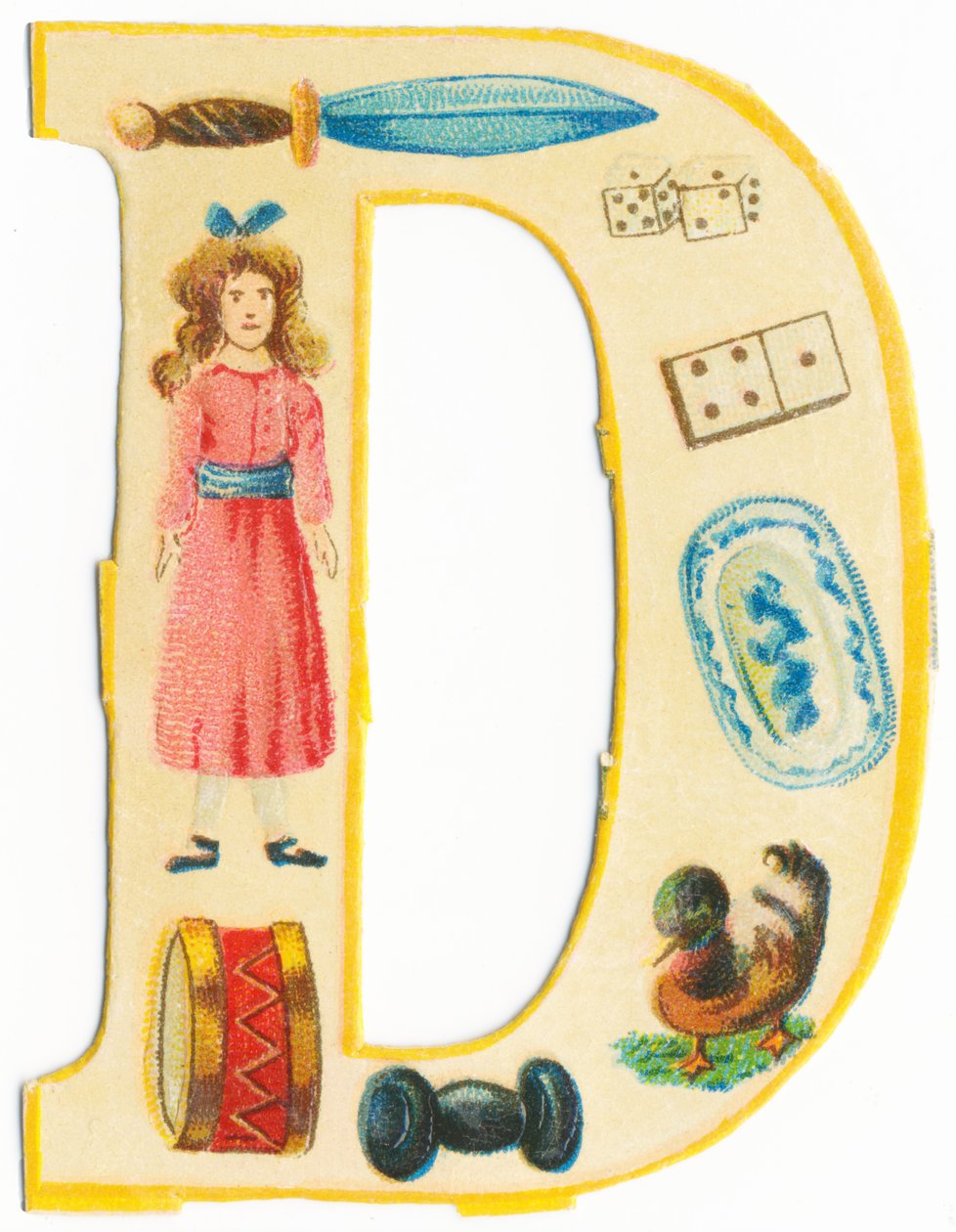 D: tőr, baba, dobókocka, dominó, dob, tányér, súlyzó, kacsa (színes litó) alkotó: Unknown artist