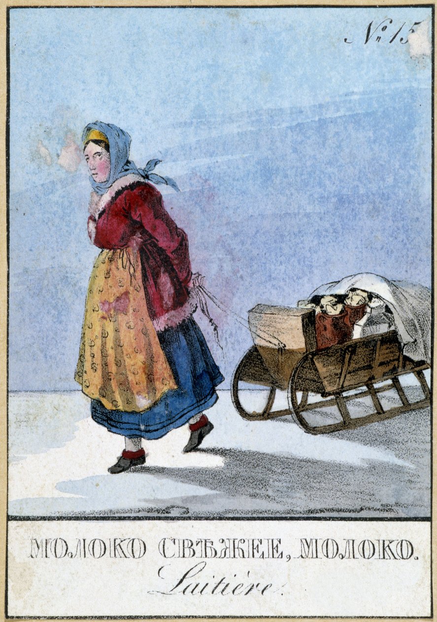 Tejtermelő nő Oroszországban, aki szánon hordja a tejesdobozait, Bibl. des Arts Deco. alkotó: Unknown artist