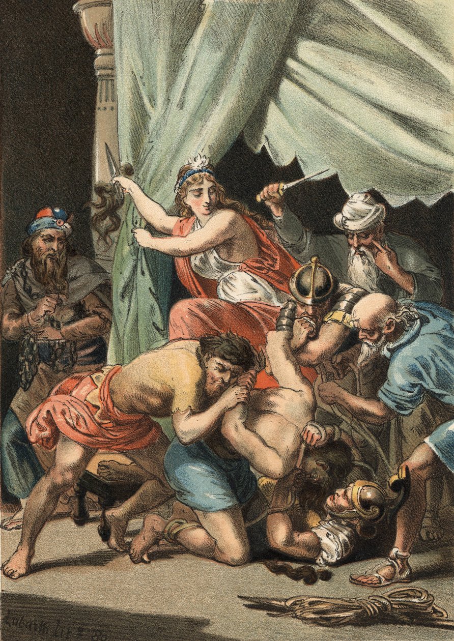 Dalila levágja Sámson haját, hogy kiszolgáltatottá tegye, és a könyvet a filiszteusoknak alkotó: Unknown artist