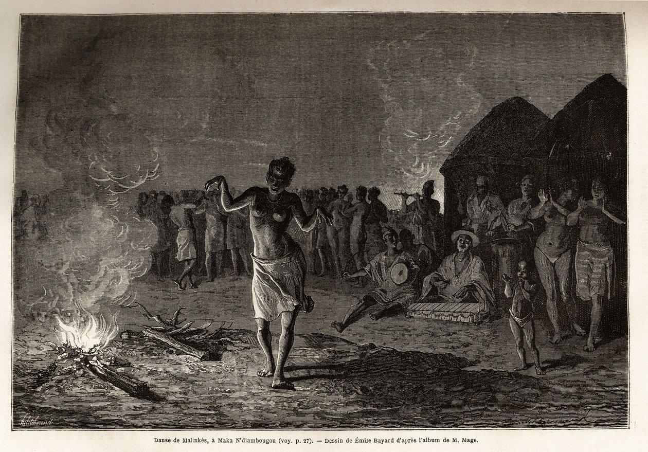 Malinkes tánca, Nyugat-Afrika (Guinea, Szenegál, Mali és Elefántcsontpart) népessége és nyelve, a táncosok az éjszaka sírjánál gyülekeznek, a tűz körül táncolnak a hagyományos zene ritmusára. Metszet Mágus hadnagy történetének illusztrálására alkotó: Unknown artist