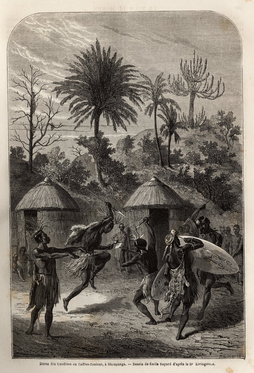 Landines vagy Zulu caffres tánca Shoupangában (a Zambeze folyó jobb partja). Metszet Dr. Livingstone első dél-afrikai útjainak illusztrálására 1840 és 1856 között, a „Le tour du monde, nouveau Journal des voyages” című kiadványban, amelyet a szörnyűség ala alkotó: Unknown artist