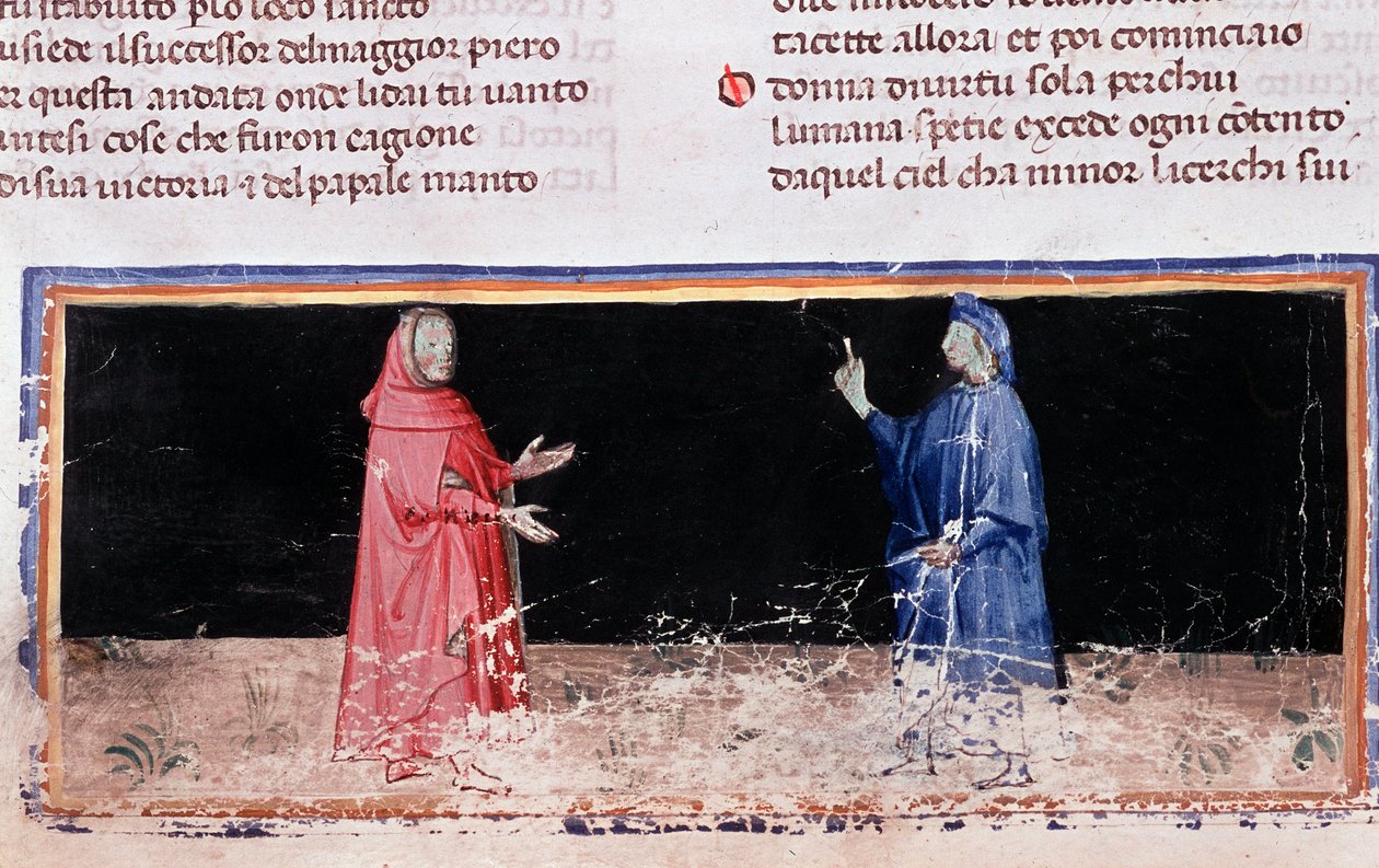 Dante (kékben) és Vergilius (a pokol 3. dala, az Isteni színjátékban) (miniatűr alkotó: Unknown artist