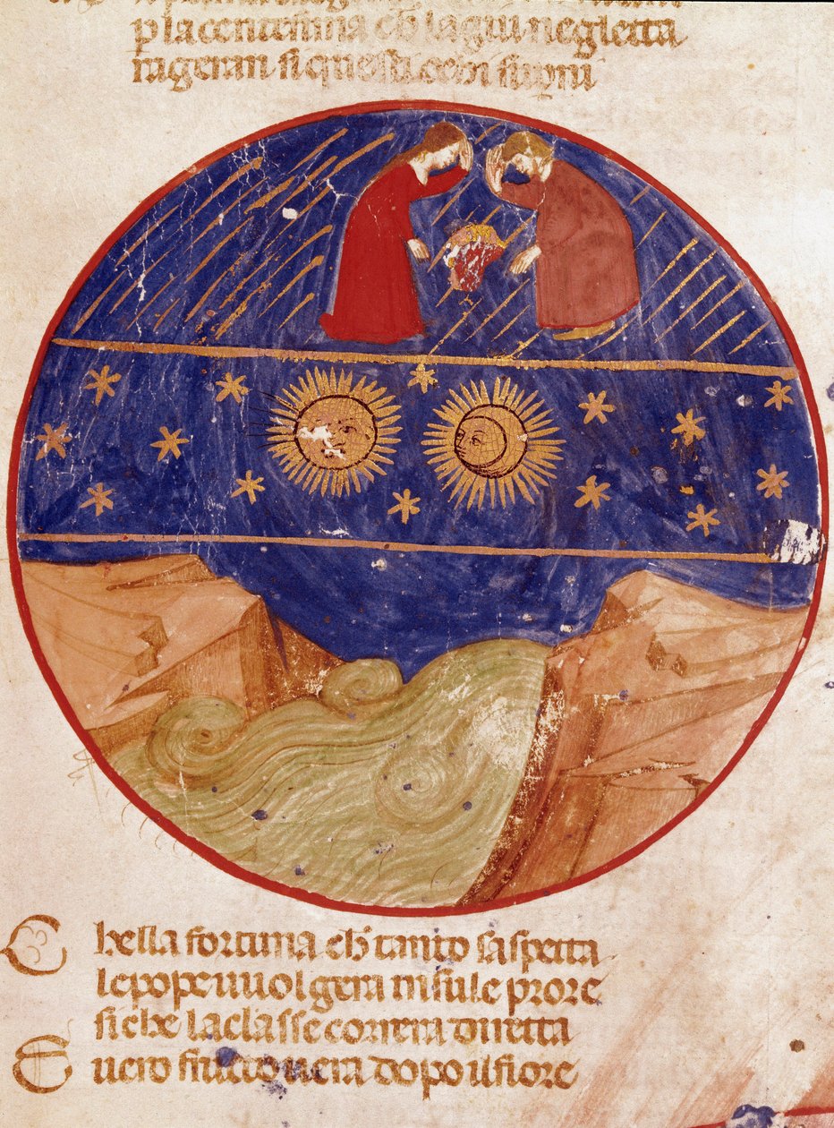 Dante és Beatrice az égből, a Földből és a csillagokból néznek. Megvilágított oldal, amely a Paradicsom dalát illusztrálja Dante Alighieri (1265-1321) „Divina Commedia” című művéből. 14. század, Velence, Biblioteca Marciana alkotó: Unknown artist