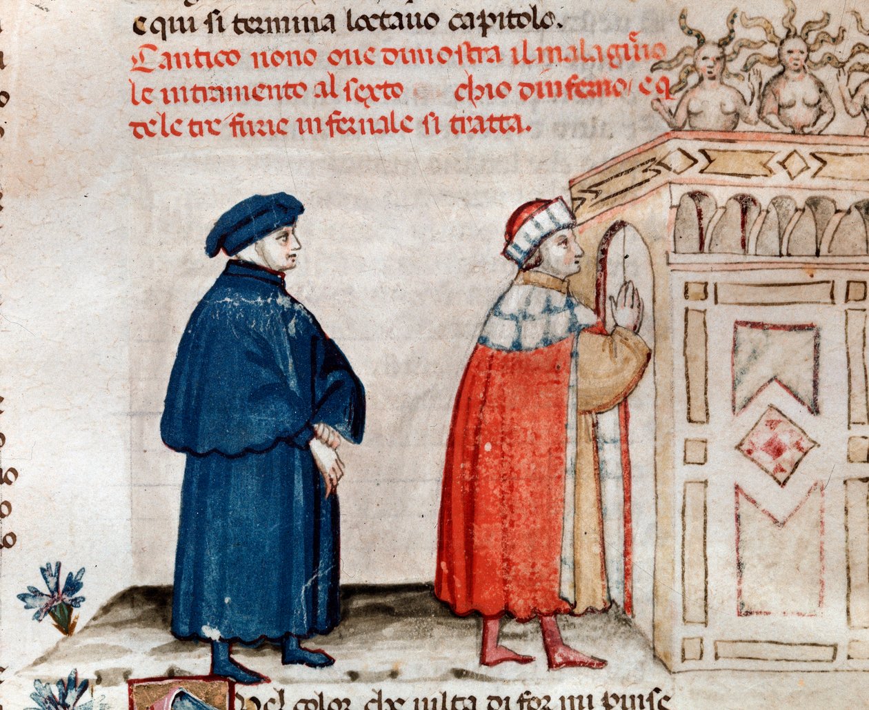 Dante és Vergilius Dite kapujában, amelyet a fúriák irányítanak (9. ének a pokolból, az Isteni színjátékban) - miniatűr XV. alkotó: Unknown artist