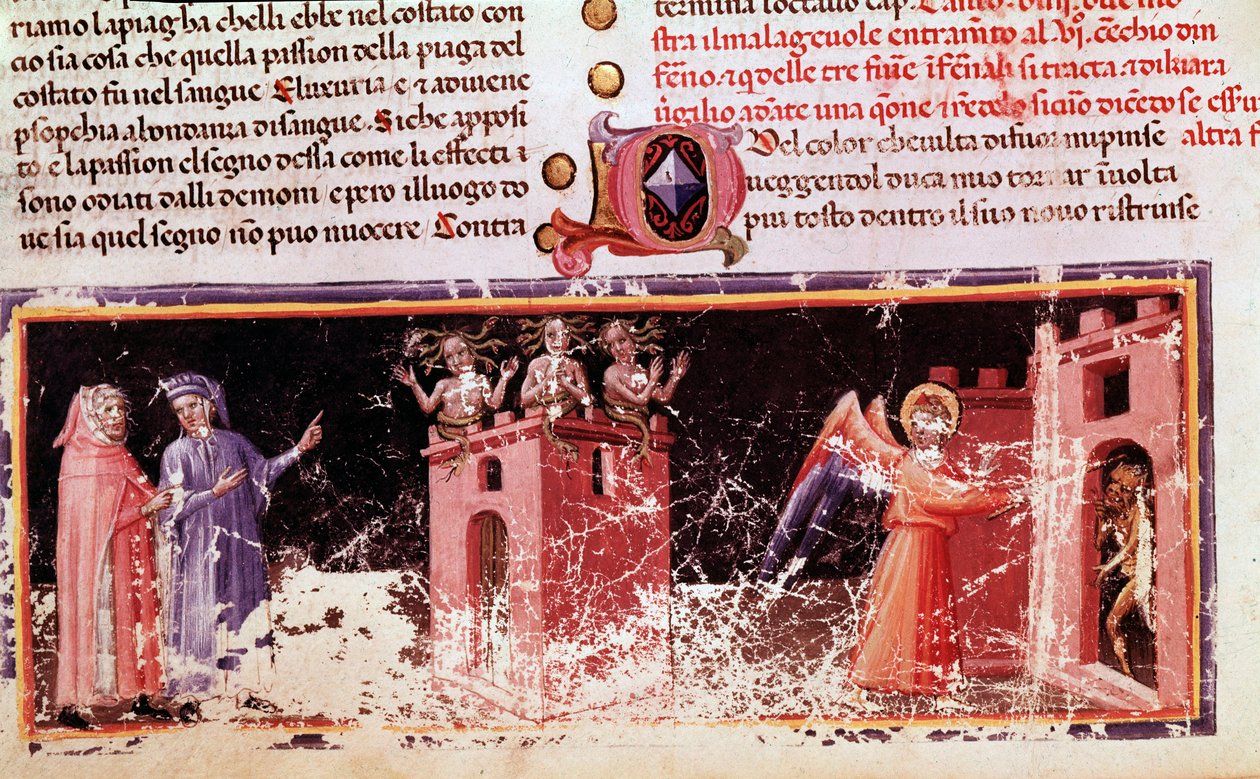 Dante és Vergilius Dite kapujában, akiket a fúria irányít (a pokol 9. dala, az Isteni színjátékban) - miniatűr alkotó: Unknown artist
