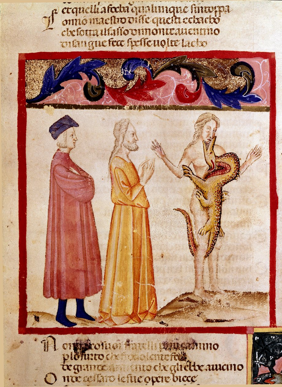 Dante és Vergilius találkozik egy bűnös lelkével, akit a sárkány felfalására ítélt. A pokol dalát illusztráló világító oldal Dante Alighieri (1265-1321) „Divina Commedia” című művéből merít. 14. század, Velence, Biblioteca Marciana alkotó: Unknown artist