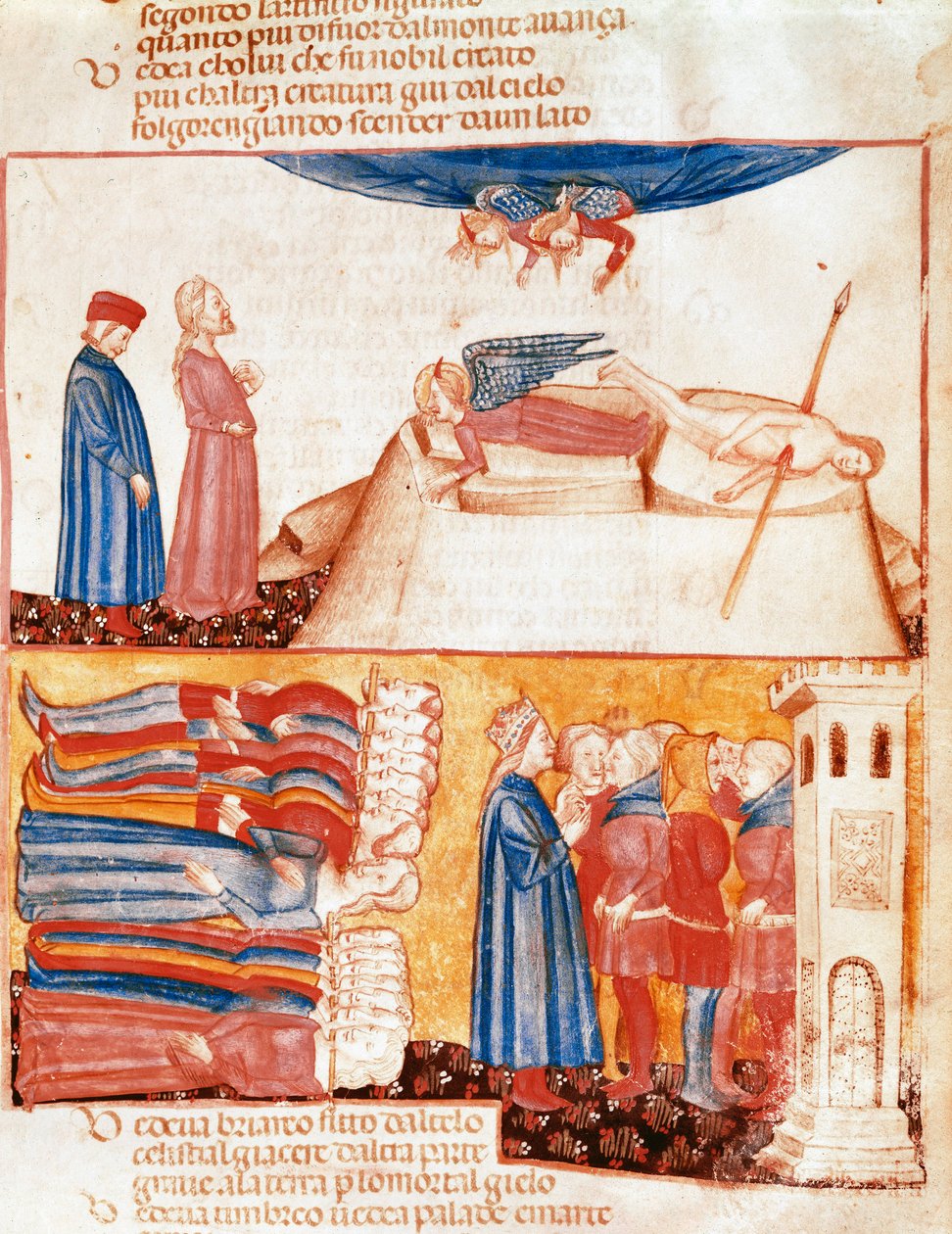Dante és Vergilius találkozik erőszakosan halottak lelkével. Megvilágított oldal, amely Dante Alighieri (1265-1321) „Divina Commedia” című énekét illusztrálja az Antipurgatóriumról. 14. század, Velence, Biblioteca Marciana alkotó: Unknown artist