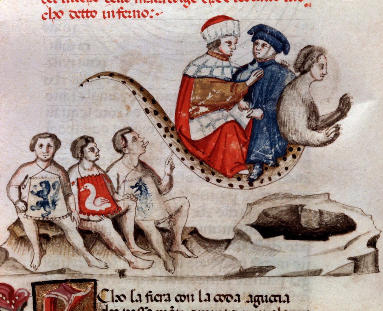 Dante és Virgil Geryon hátán lovagol (17. ének a pokolból, az Isteni színjátékban) - miniatűr XV. alkotó: Unknown artist