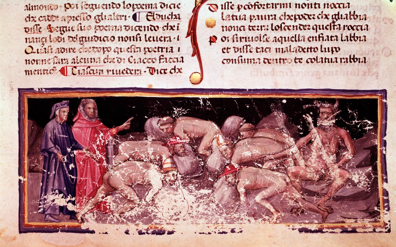 Dante és Vergilius a kapzsikkal és pazarlókkal (7. ének a pokolból, az Isteni színjátékban) - miniatűr alkotó: Unknown artist
