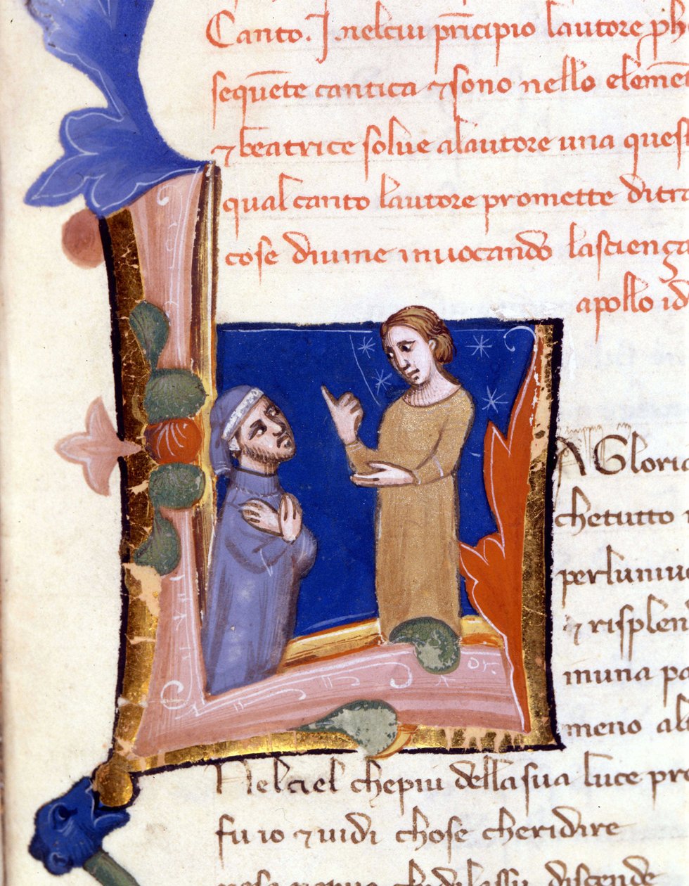 Dantét Bèatrice üdvözölte a Paradicsom bejáratánál. (" L " betű) A Divina Commedia 14. századi kézirata (Isteni színjáték) Milan Trivulziana könyvtár alkotó: Unknown artist