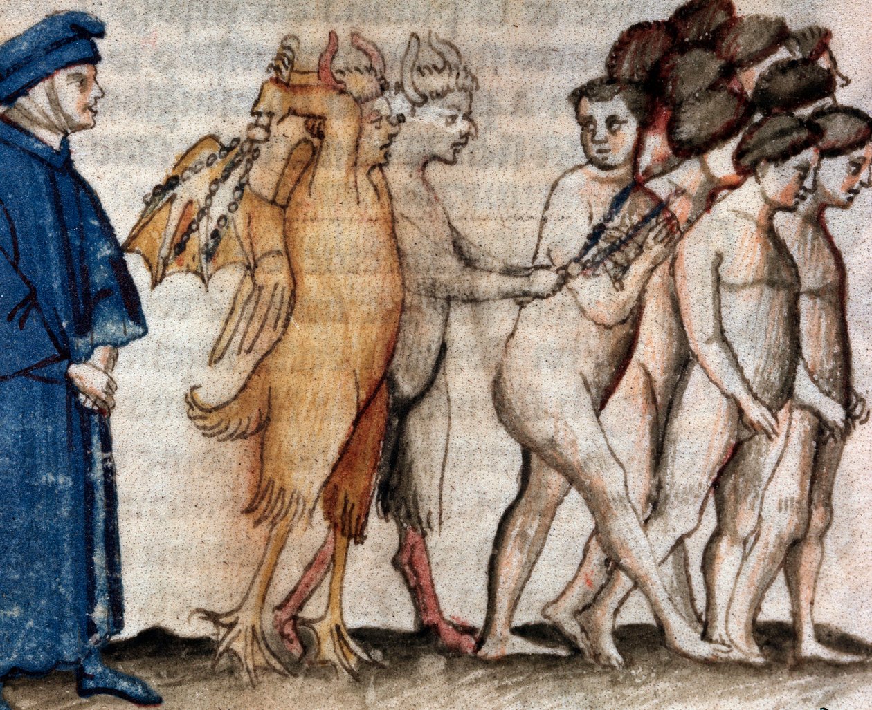 Dante találkozik Venedico Caccianemicóval a stricik körében (18. ének a pokolból, az Isteni színjátékban) - miniatűr XV. alkotó: Unknown artist