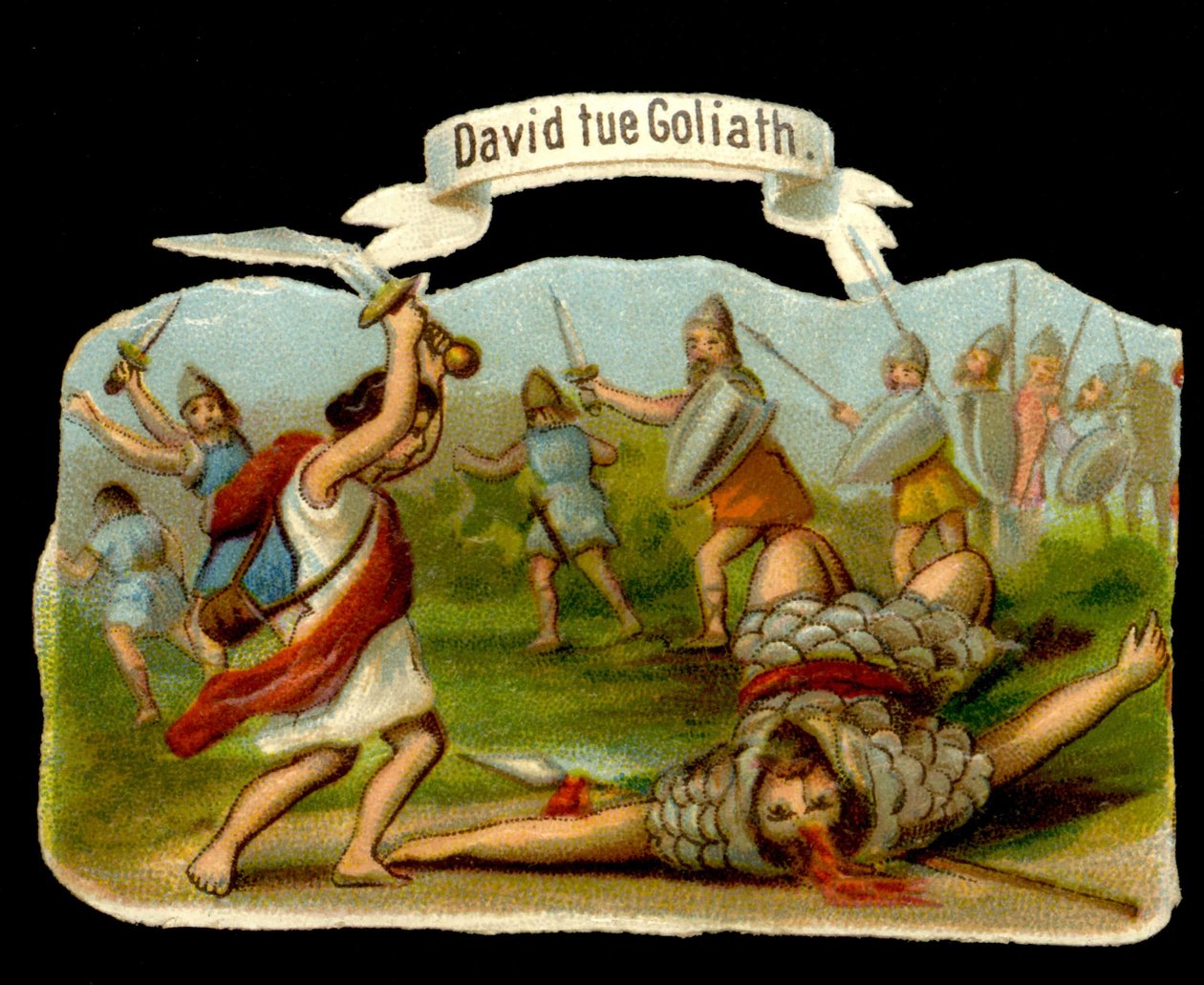 Dávid és Góliát: Dávid megöli Góliátot az öblével. 19. századi kromolitográfia. alkotó: Unknown artist