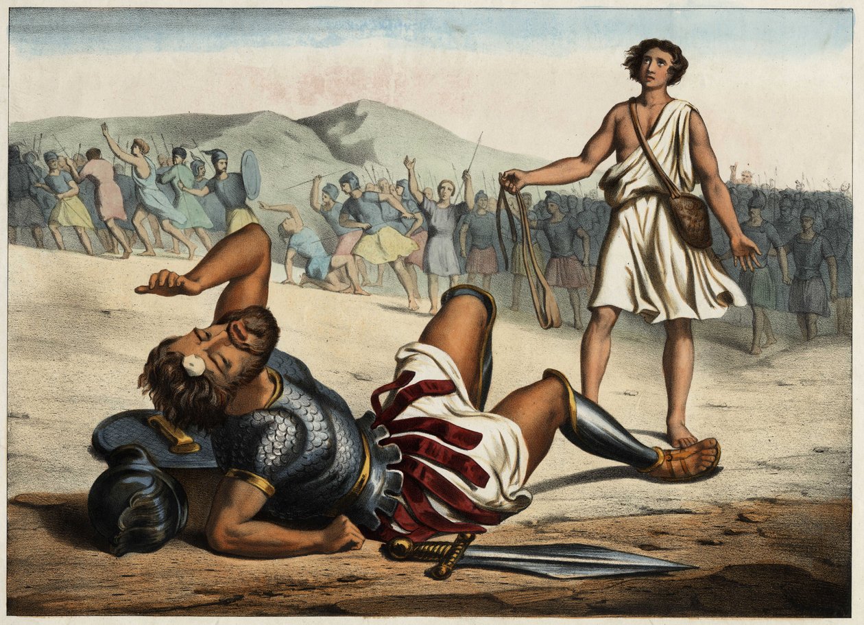 Dávid Góliát győztese. Névtelen metszet a 19. század közepéről. alkotó: Unknown artist
