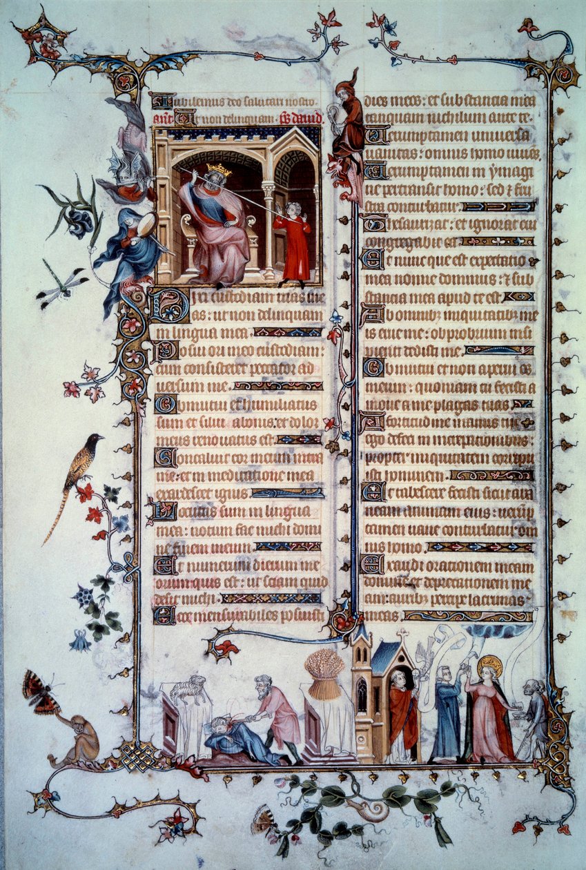 Dávid megfenyegette Sault. A kapzsiság allegóriája. Az úrvacsora szentsége. A jótékonyság allegóriája. Miniatűr a „Breviaire de Belleville” zsoltárból alkotó: Unknown artist