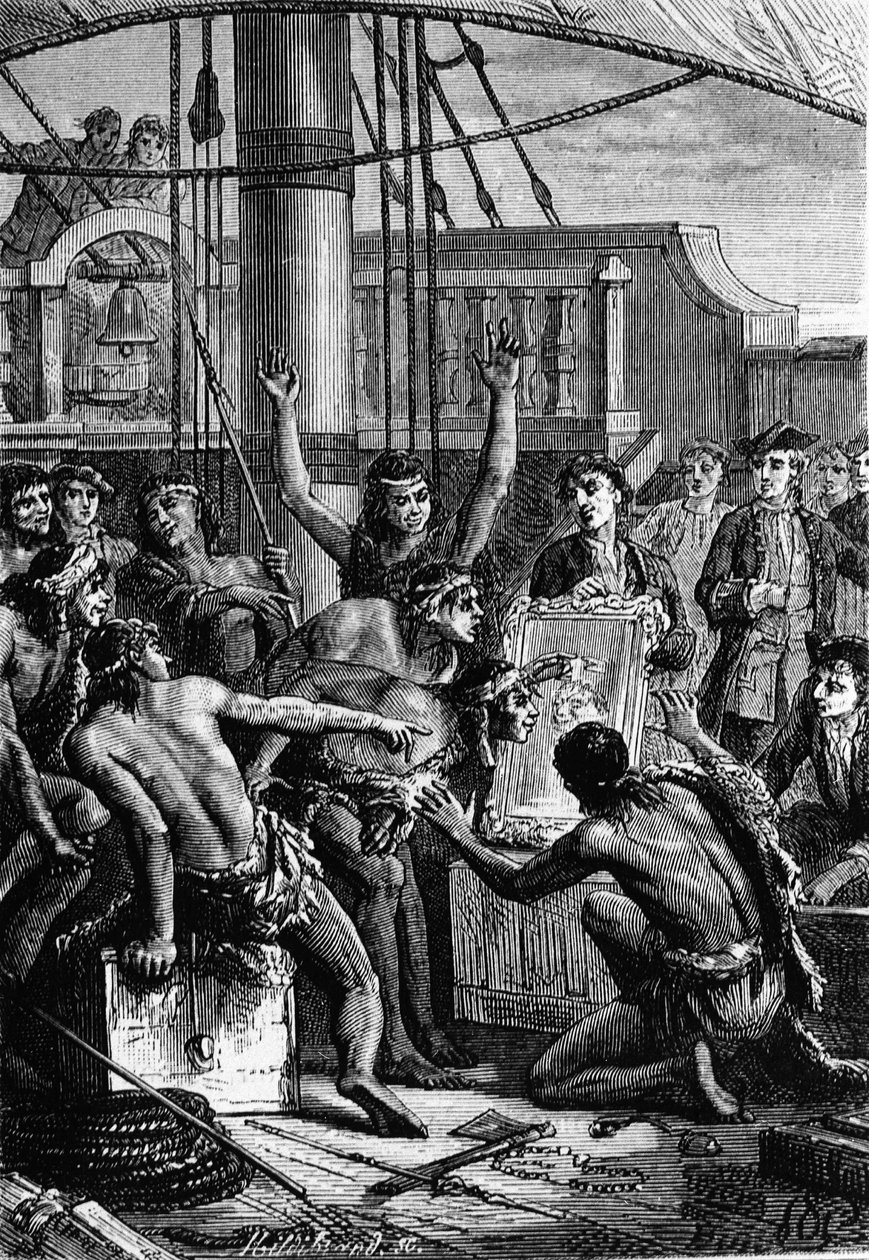 India felfedezése: Wallis Csendes-óceáni útja; Az indiánok tükröt fedeznek fel – Jules Verne „Les Voyageurs du 18th et 19th ecle” című könyvében, szerk. Hetzel et Cie, Párizs. alkotó: Unknown artist