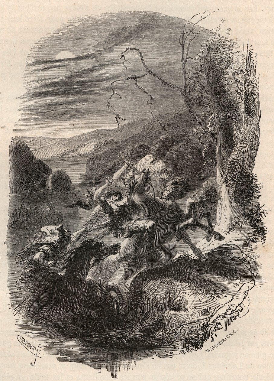 Indutiomarus (Induziomaro) Trevires főnökének halála, akit a római hadsereg ölt meg ie 53-ban. Metszet 1868-ból Theodore Juste (1818-1888) „Histoire de Belgique from primitive times to the end of the regne I. Lipót” című művében. Magángyűjtemény. alkotó: Unknown artist