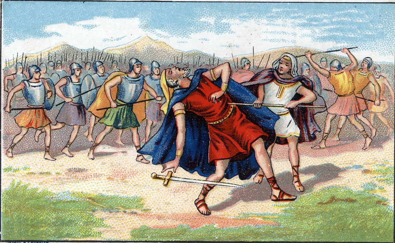 Judas Macchabee (Maccabee vagy Macabee) vagy Yeouda Hamakabi zsidó harcos (Kr. e. 200-160) halála. A XIX. század kromolitográfiája alkotó: Unknown artist